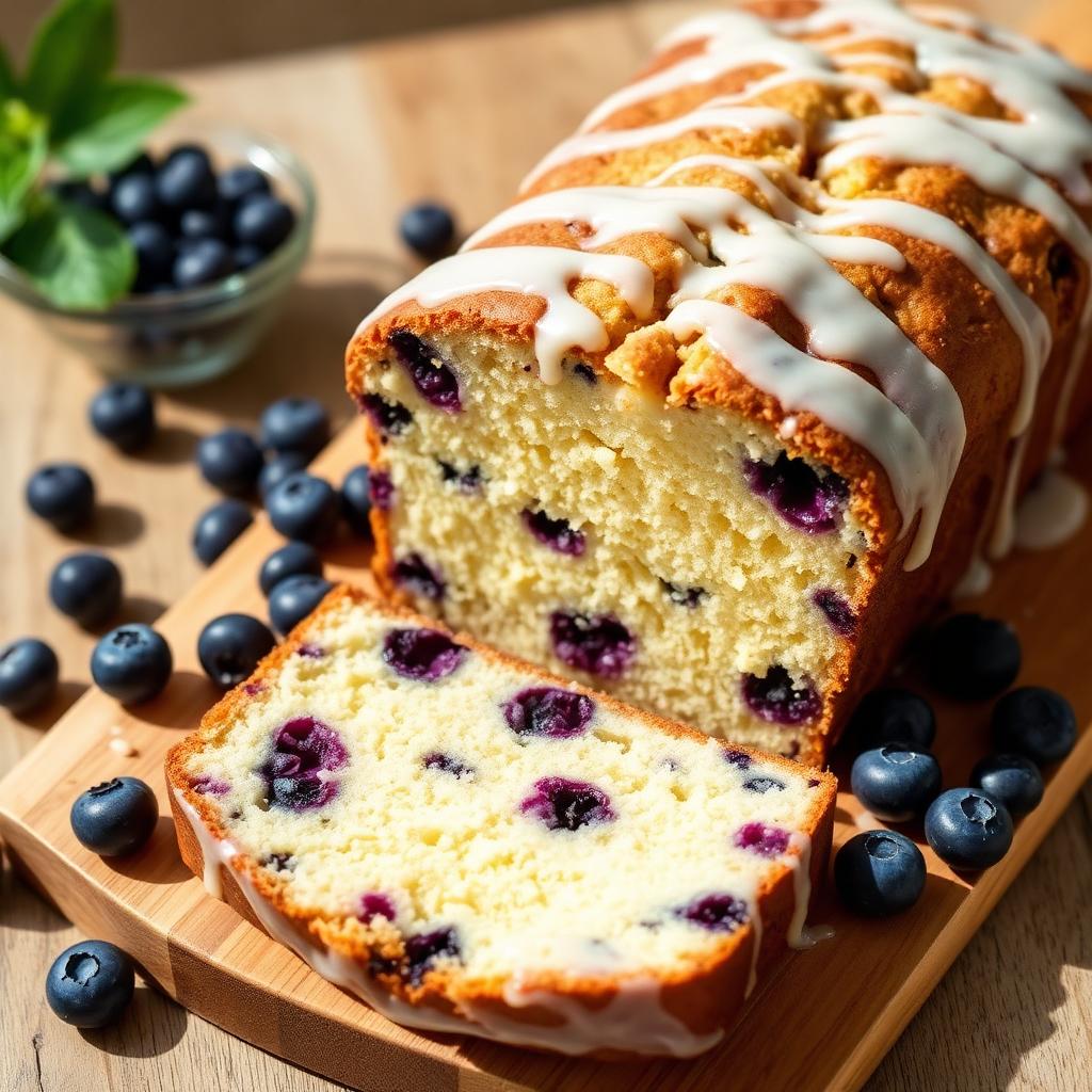 Sliced lemon blueberry loaf cake with white glaze on a wooden board surrounded by fresh blueberries