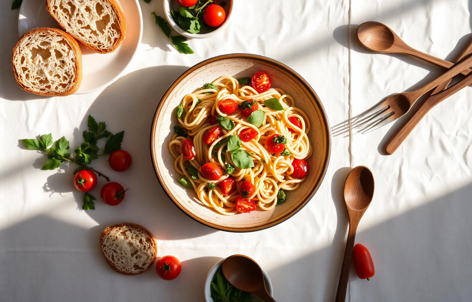 Overhead view of a home-cooked pasta bowl with fresh tomatoes, basil, and crusty bread on a linen tablecloth