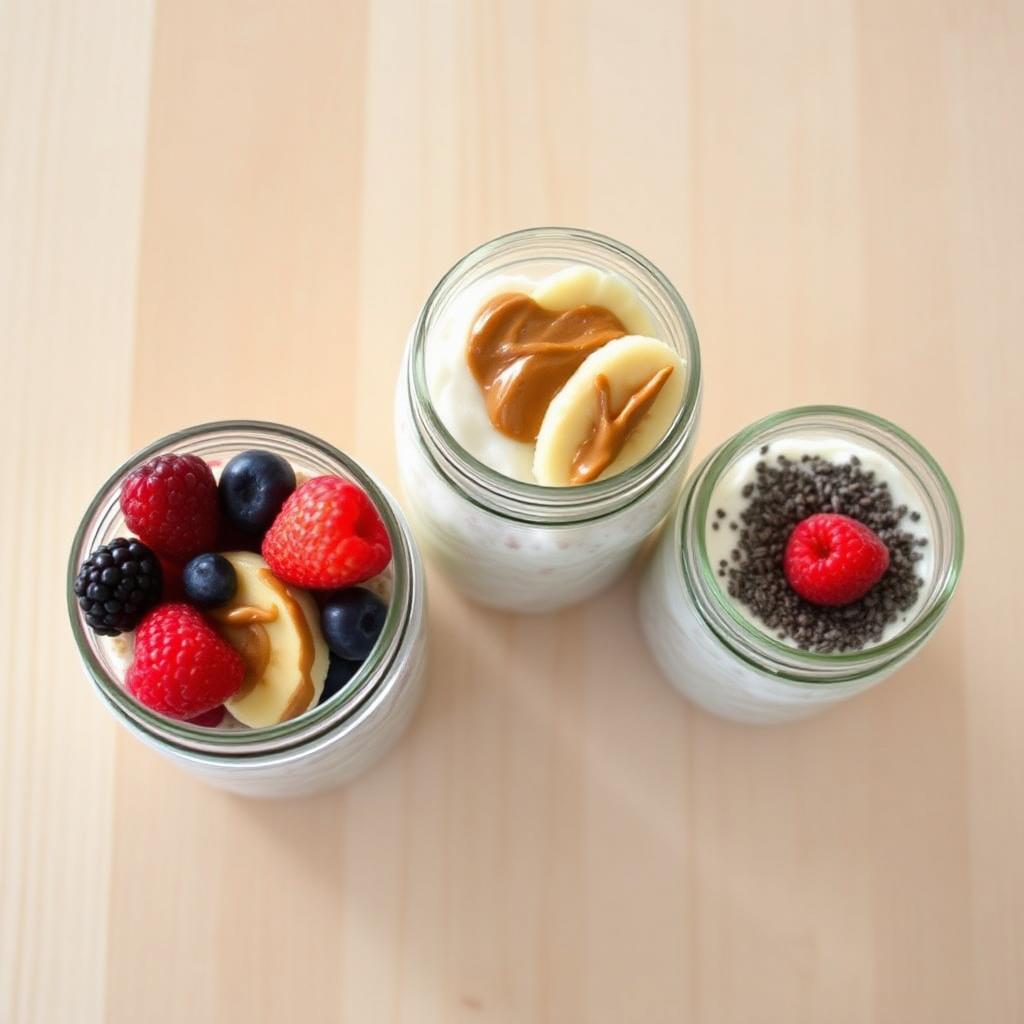 Three jars of overnight oats topped with berries, banana and peanut butter
