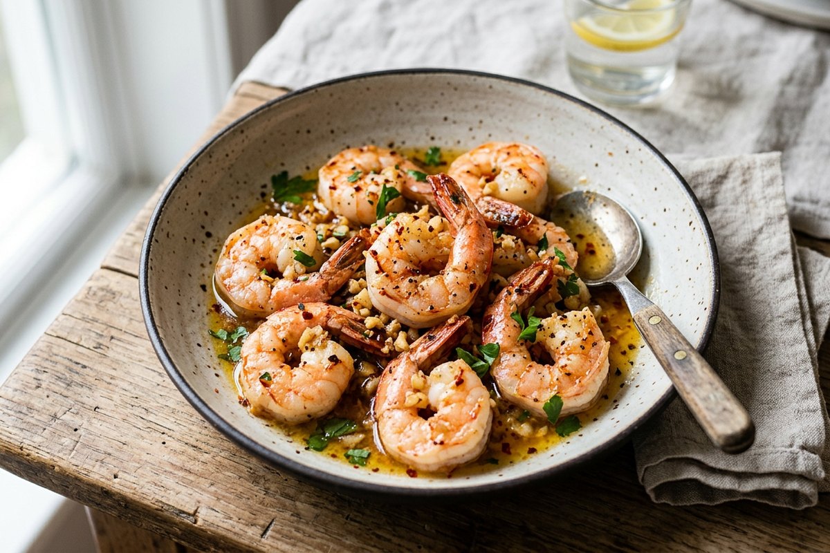 Finished garlic butter shrimp served and photographed in natural daylight